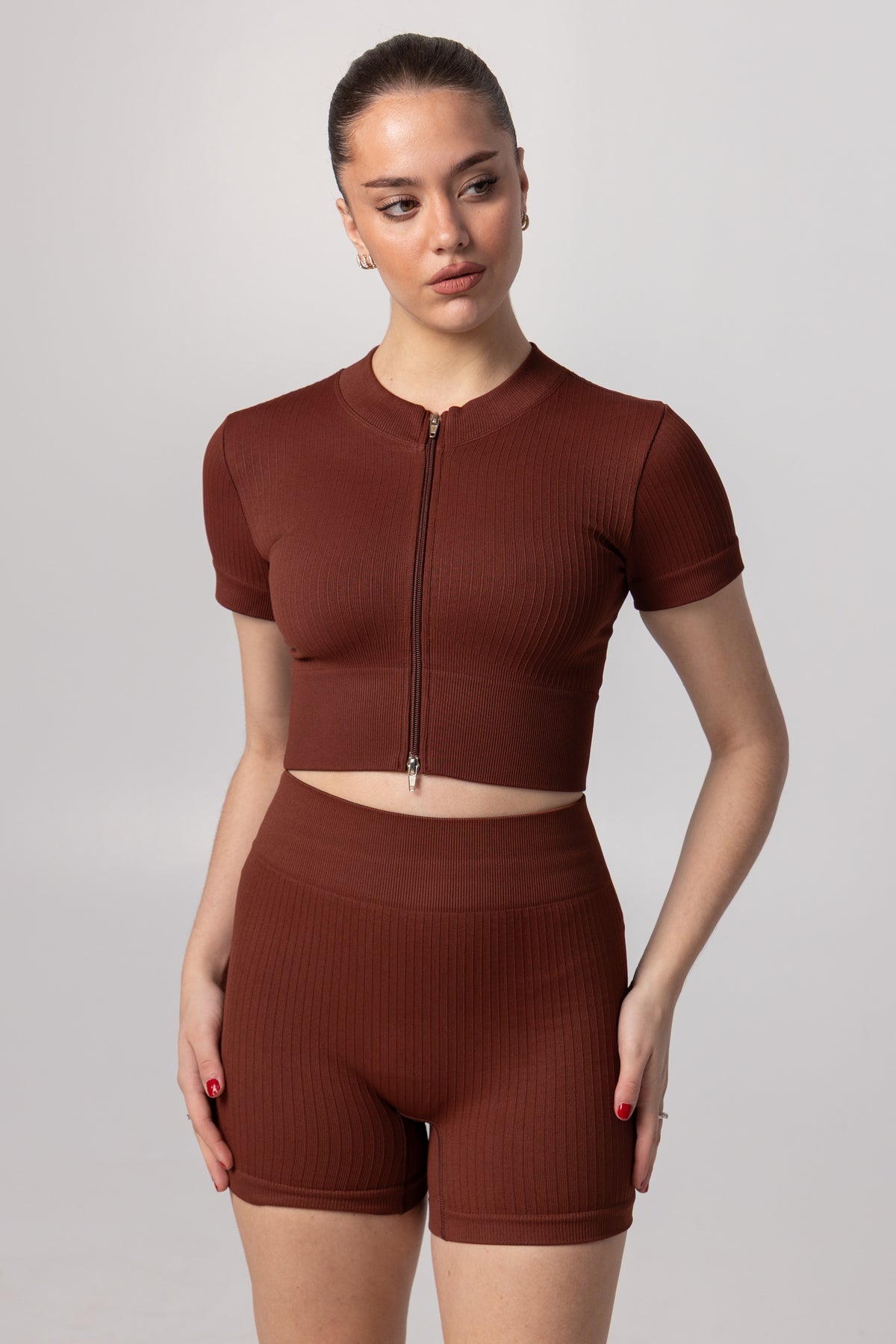 Ribbed Short Sleeve Zip Crop Top